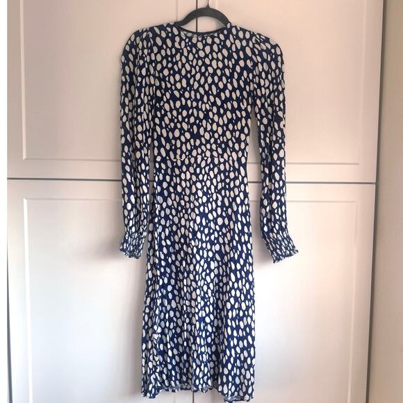Reformation Kellan Long Sleeve Midi Dress Blue White Abstract Dot Size 0 - Picture 3 of 12